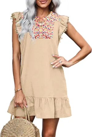 KIRUNDO Women's 2025 Summer Mini Dress Casual V Neck Floral Embroidered Ruffle Sleeveless Shift Flowy Boho Dress