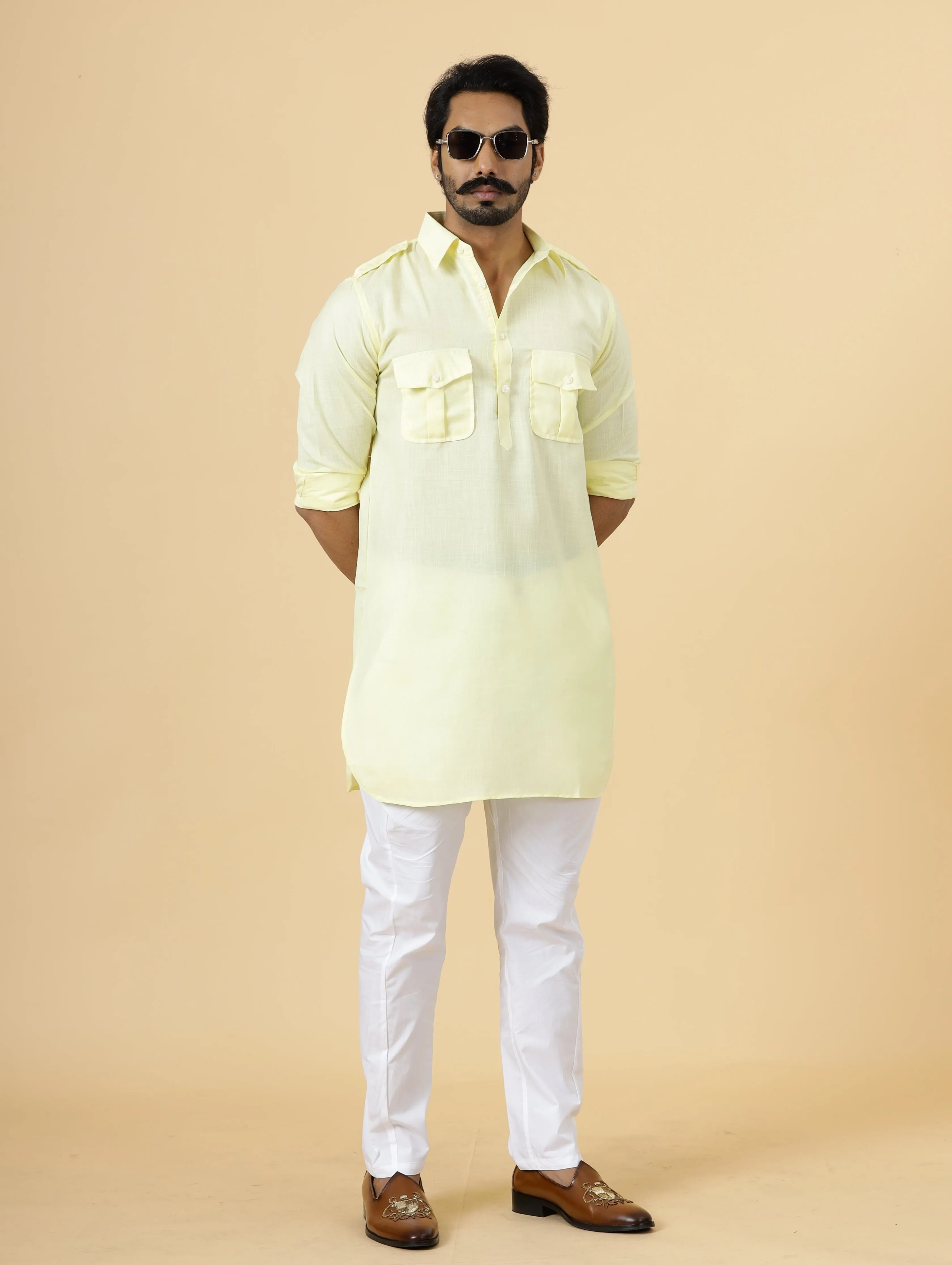 Light Yellow Cotton Hunting Style Kurta-Pajama Set