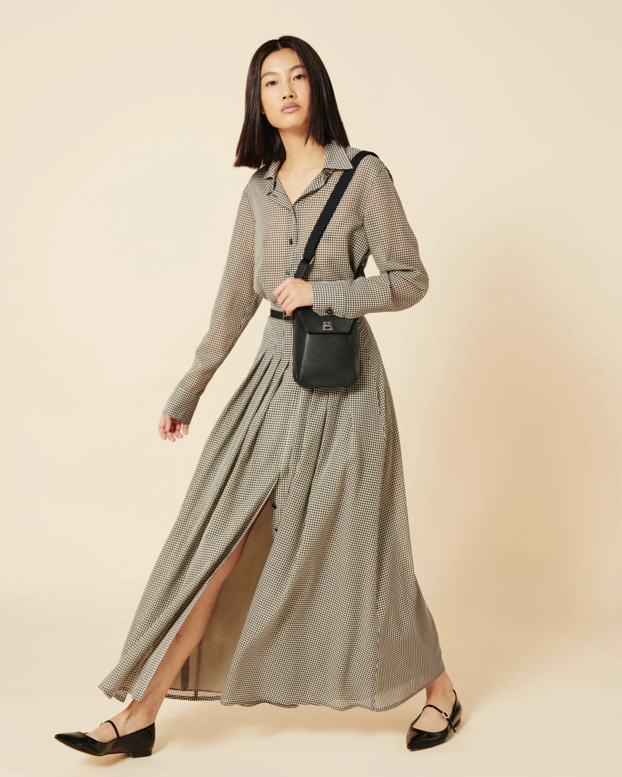 Long Vichy Pleated Silk Skirt