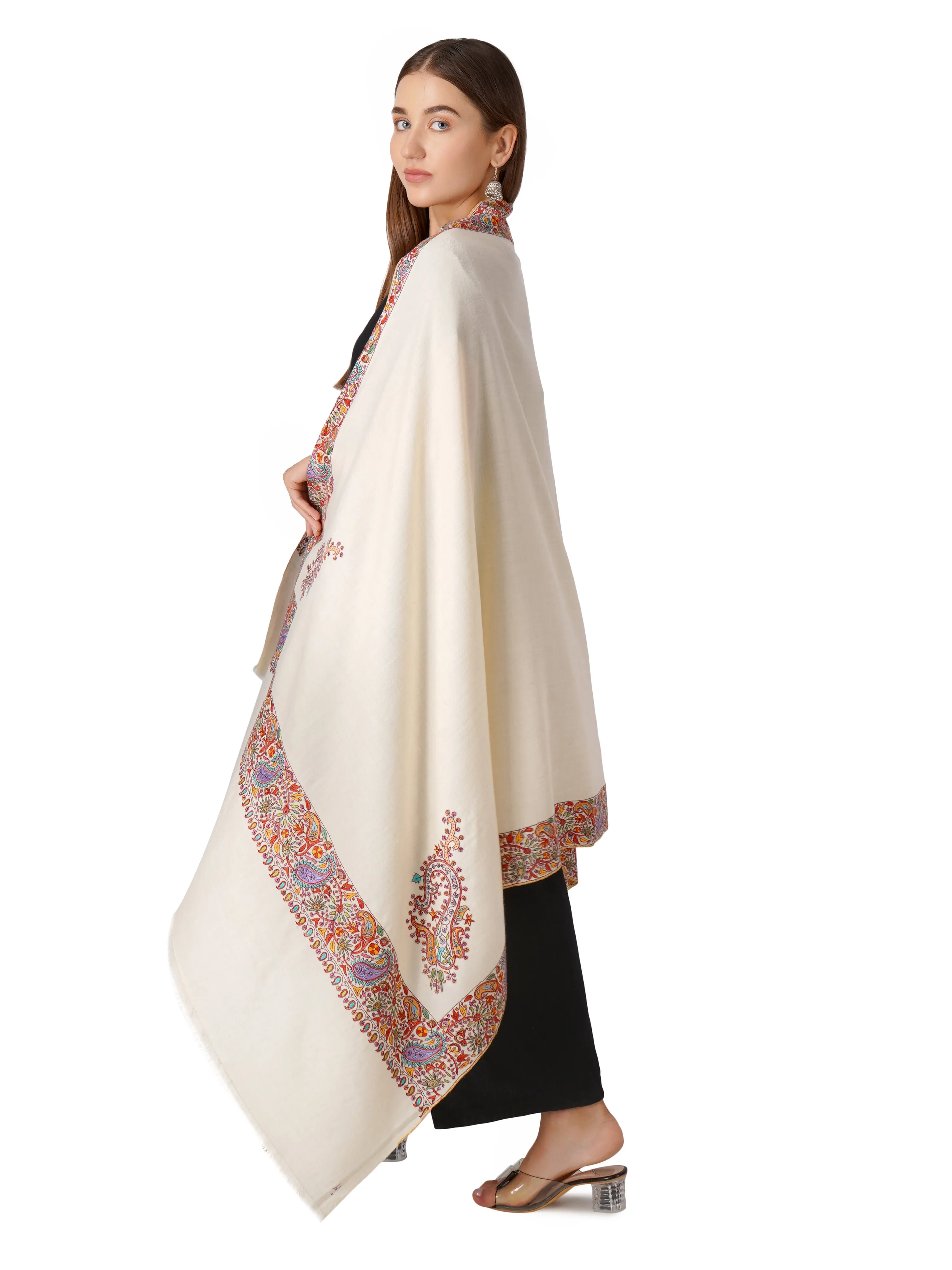 Luxurious Pashmina Shawl with Intricate Border Embroidery (Off White)