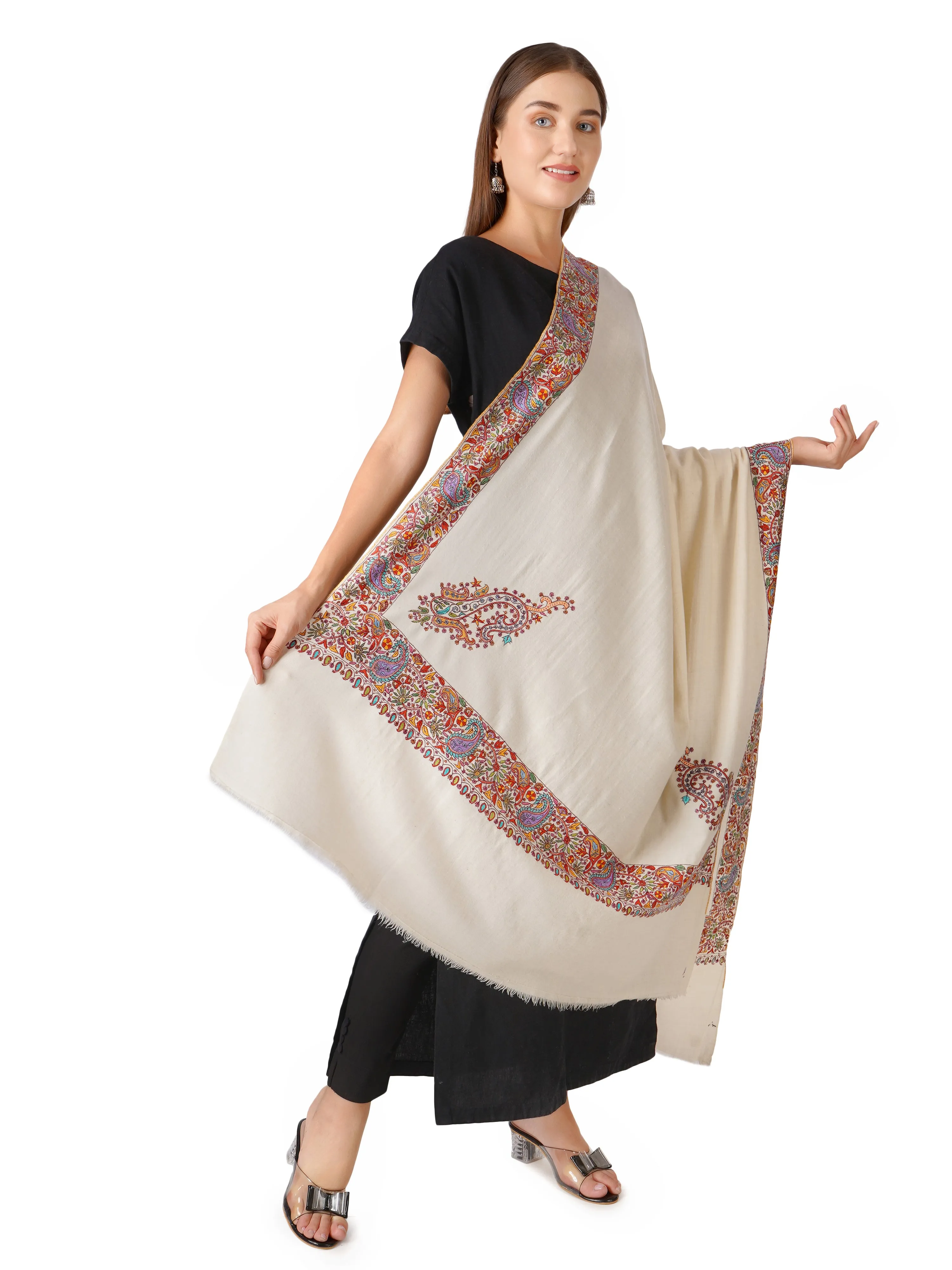 Luxurious Pashmina Shawl with Intricate Border Embroidery (Off White)