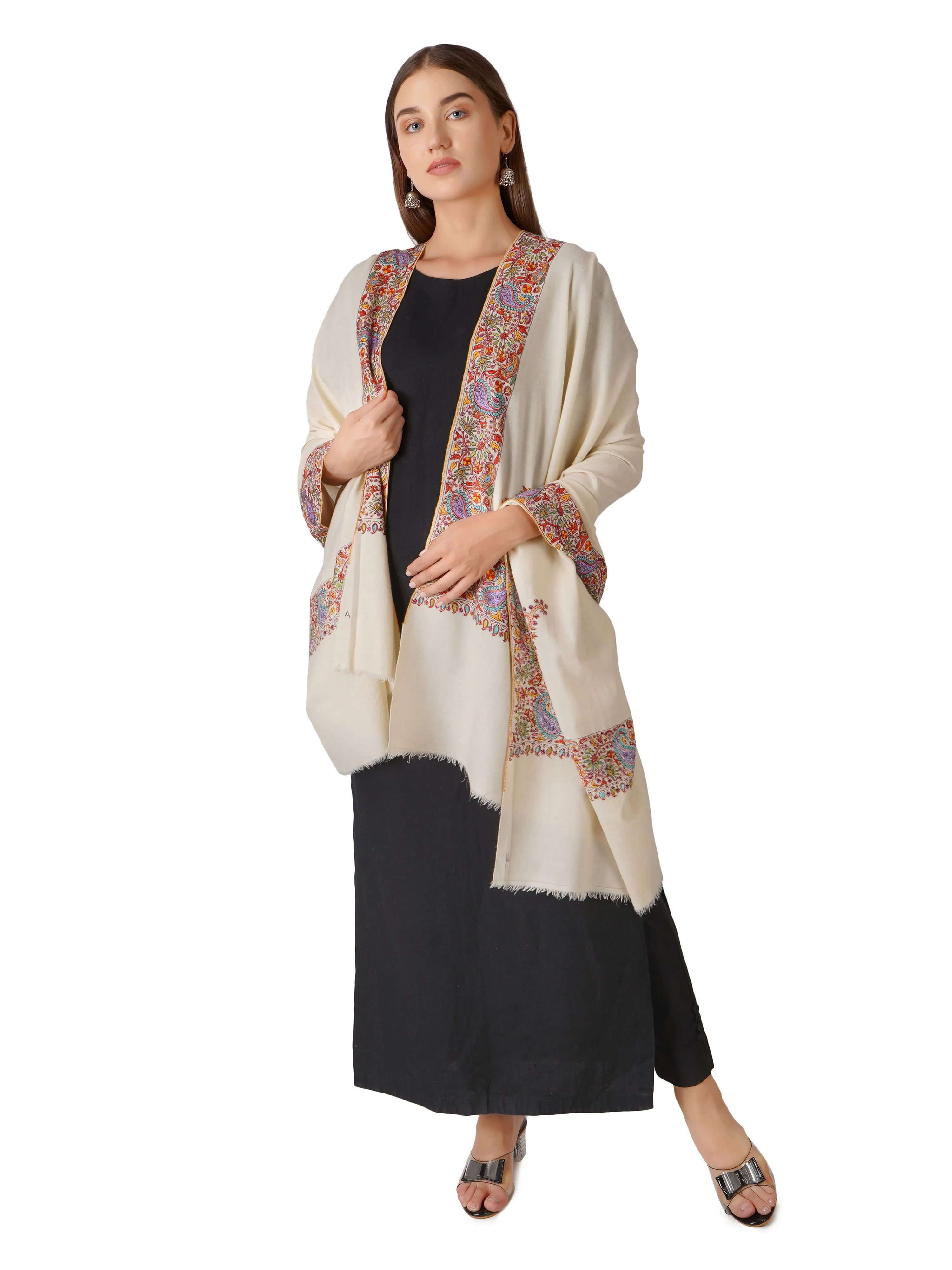 Luxurious Pashmina Shawl with Intricate Border Embroidery (Off White)