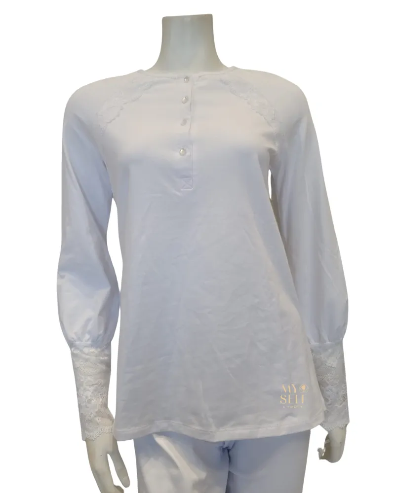 M8909 Lace Raglan Sleeves Button Down White Cotton Pajamas Set