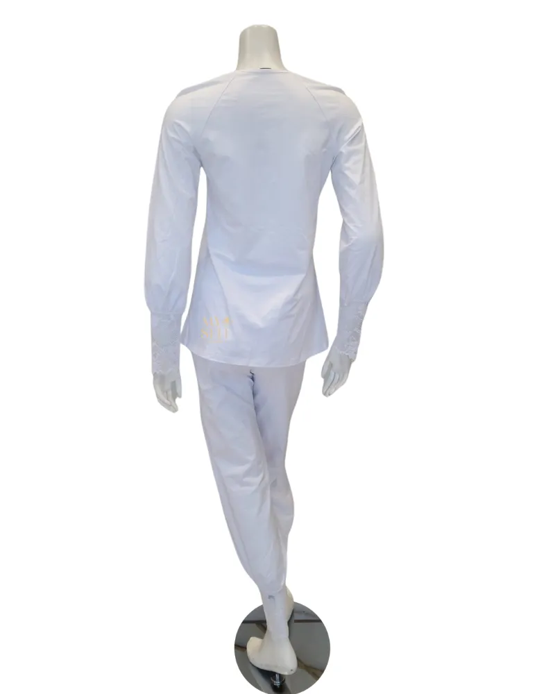 M8909 Lace Raglan Sleeves Button Down White Cotton Pajamas Set
