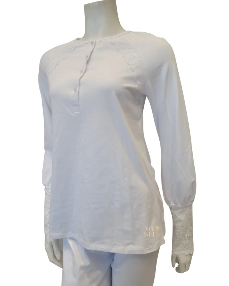 M8909 Lace Raglan Sleeves Button Down White Cotton Pajamas Set
