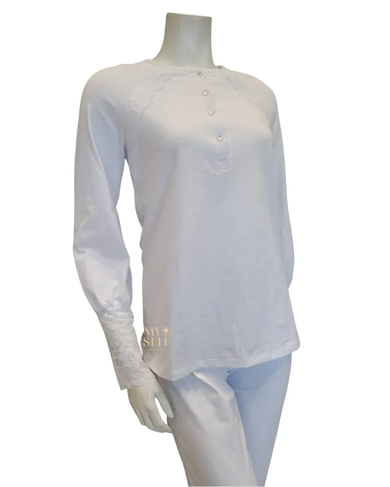 M8909 Lace Raglan Sleeves Button Down White Cotton Pajamas Set