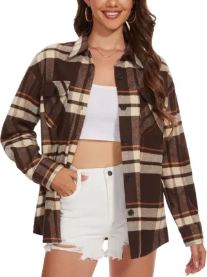MAGCOMSEN Women's Flannel Plaid Shirts Button Down Long Sleeve Soft Flannel Shacket Loose Fit Casual Blouse Tops