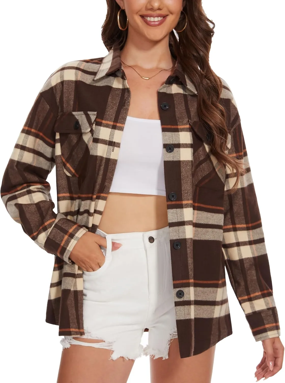 MAGCOMSEN Women's Flannel Plaid Shirts Button Down Long Sleeve Soft Flannel Shacket Loose Fit Casual Blouse Tops