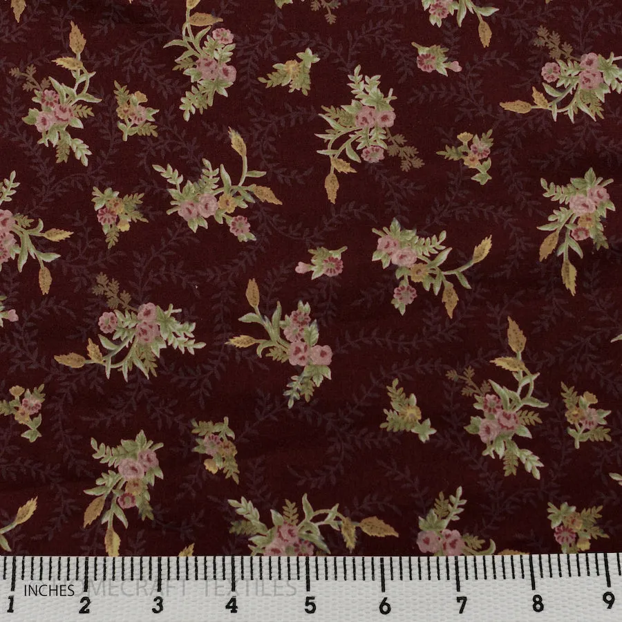 Maroon Rose Branches Cotton Print
