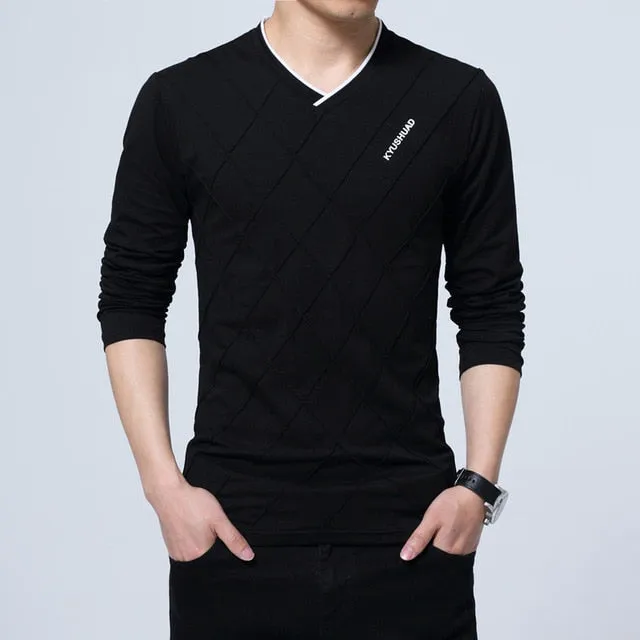 Mens Casual Slim Long Sleeve V Neck Top