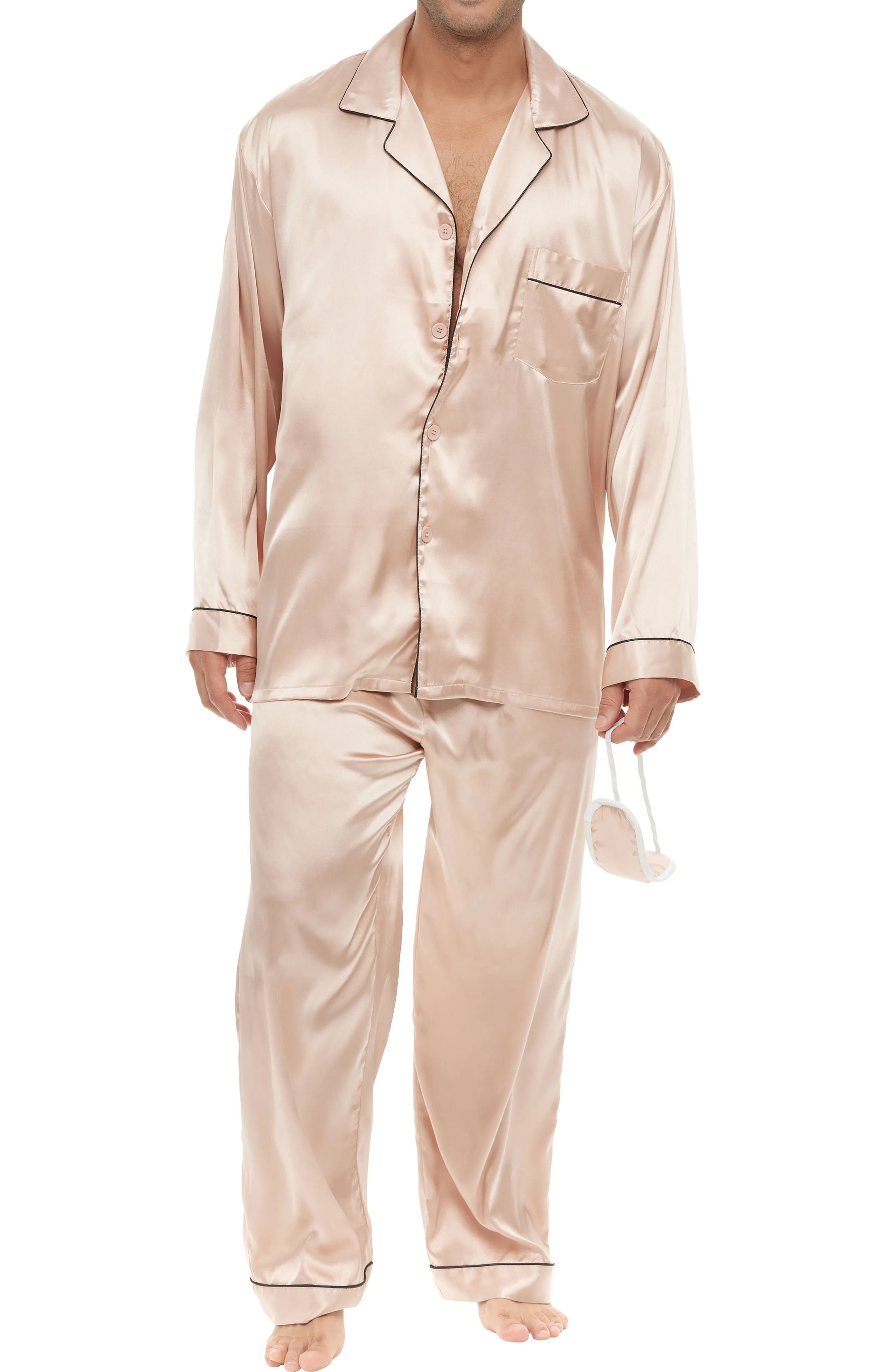 Men's Classic Satin Pajamas with Pockets, PJ and Matching Sleep Mask
