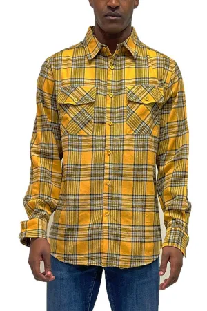 Mens Gold Yellow Plaid Flannel Long Sleeve Shirt