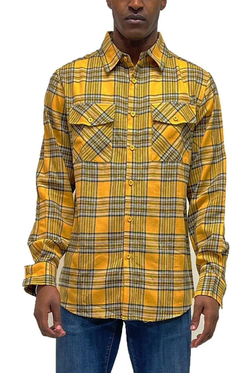 Mens Gold Yellow Plaid Flannel Long Sleeve Shirt