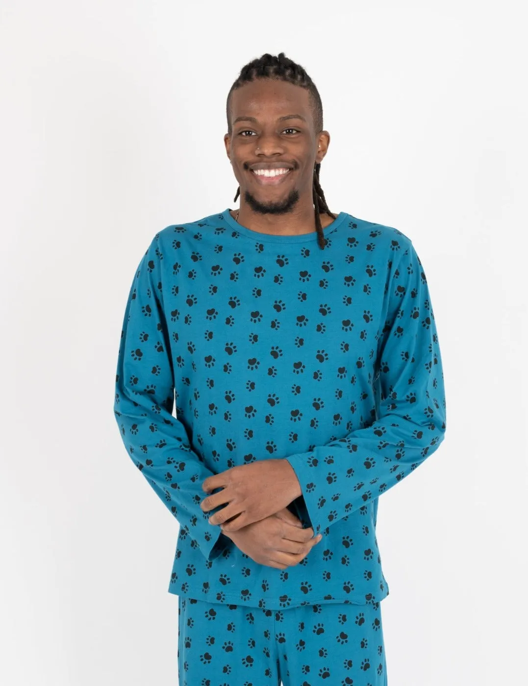 Mens Loose Fit Blue Paw Print Pajamas