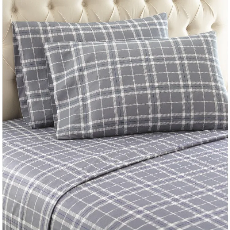 Micro Flannel Printed Deep-Pocket Sheet Set - Cal King/Carlton Plaid Gray