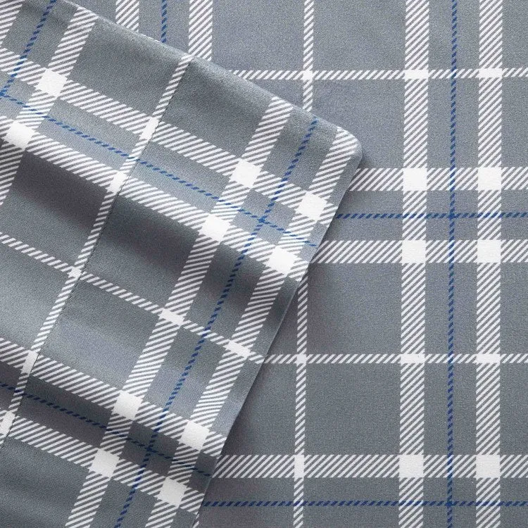 Micro Flannel Printed Deep-Pocket Sheet Set - Cal King/Carlton Plaid Gray