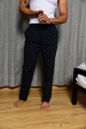 Navy Blue Dotted Printed Cotton Pajamas For Men