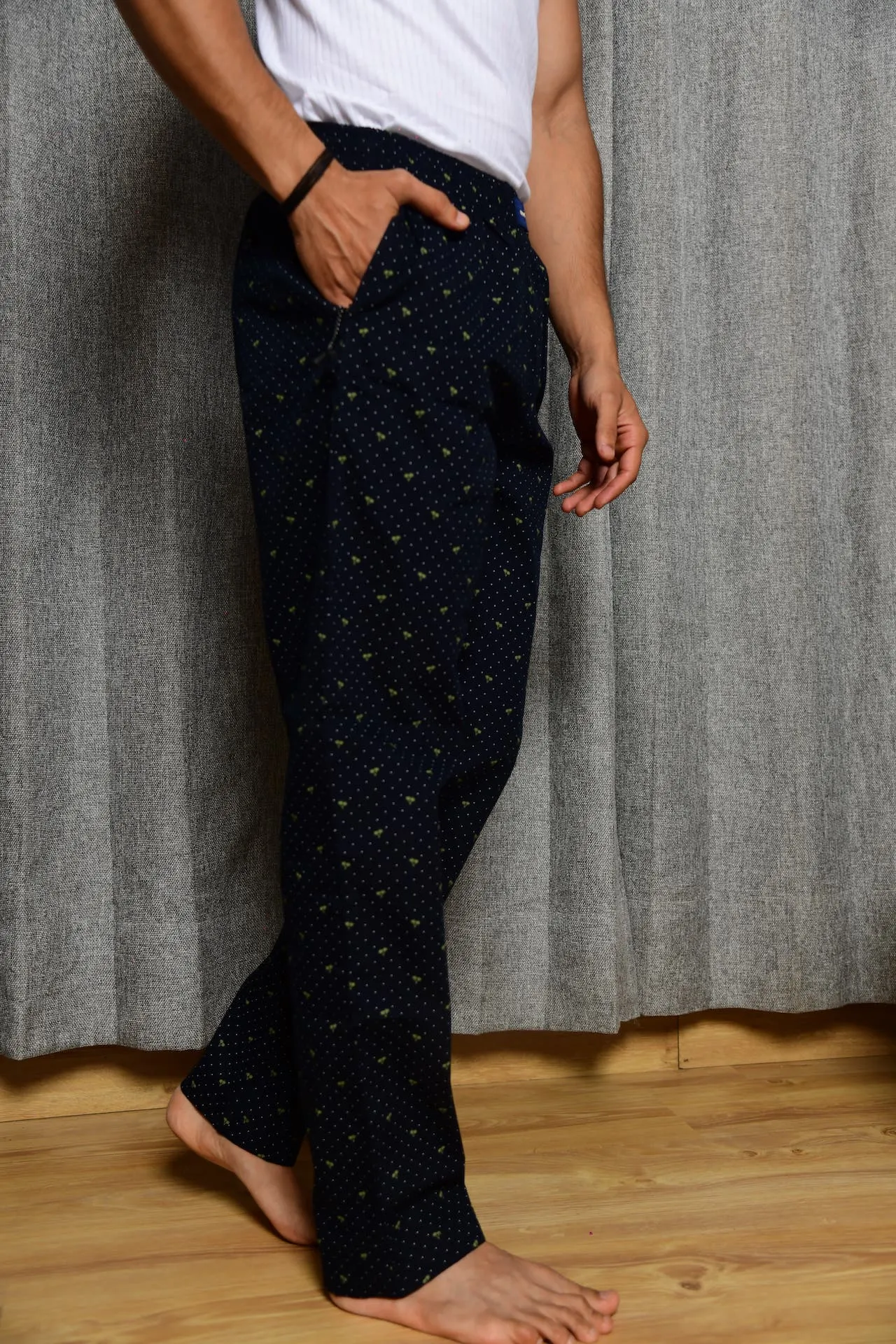 Navy Blue Dotted Printed Cotton Pajamas For Men