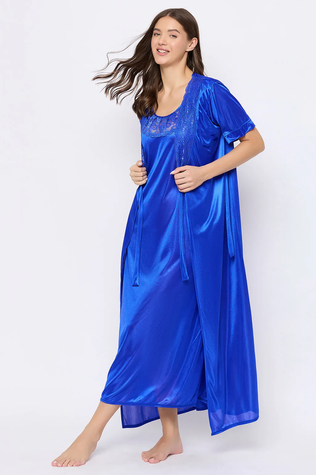 Navy Blue Satin 4 Pcs Nightwear