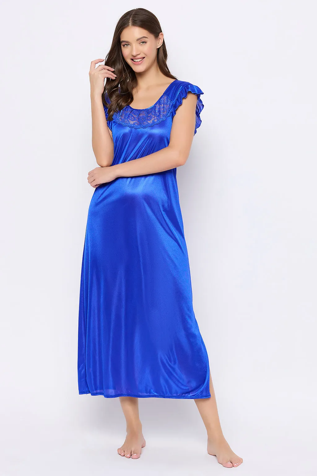 Navy Blue Satin 4 Pcs Nightwear