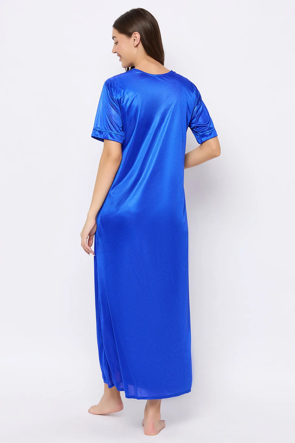 Navy Blue Satin 4 Pcs Nightwear