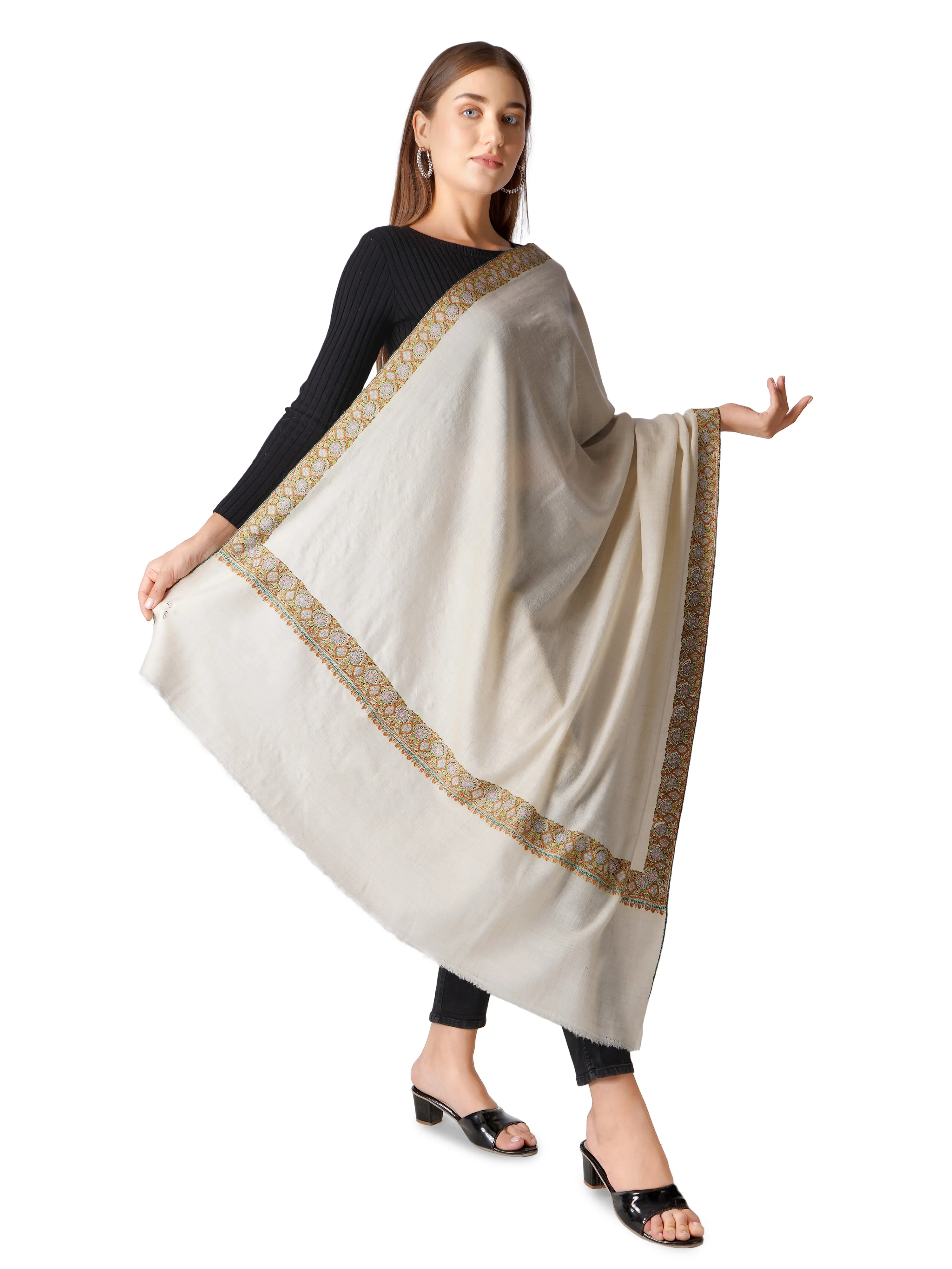 Pashmina Shawl Handwoven Kashmiri Sozni Embroidery - Off White