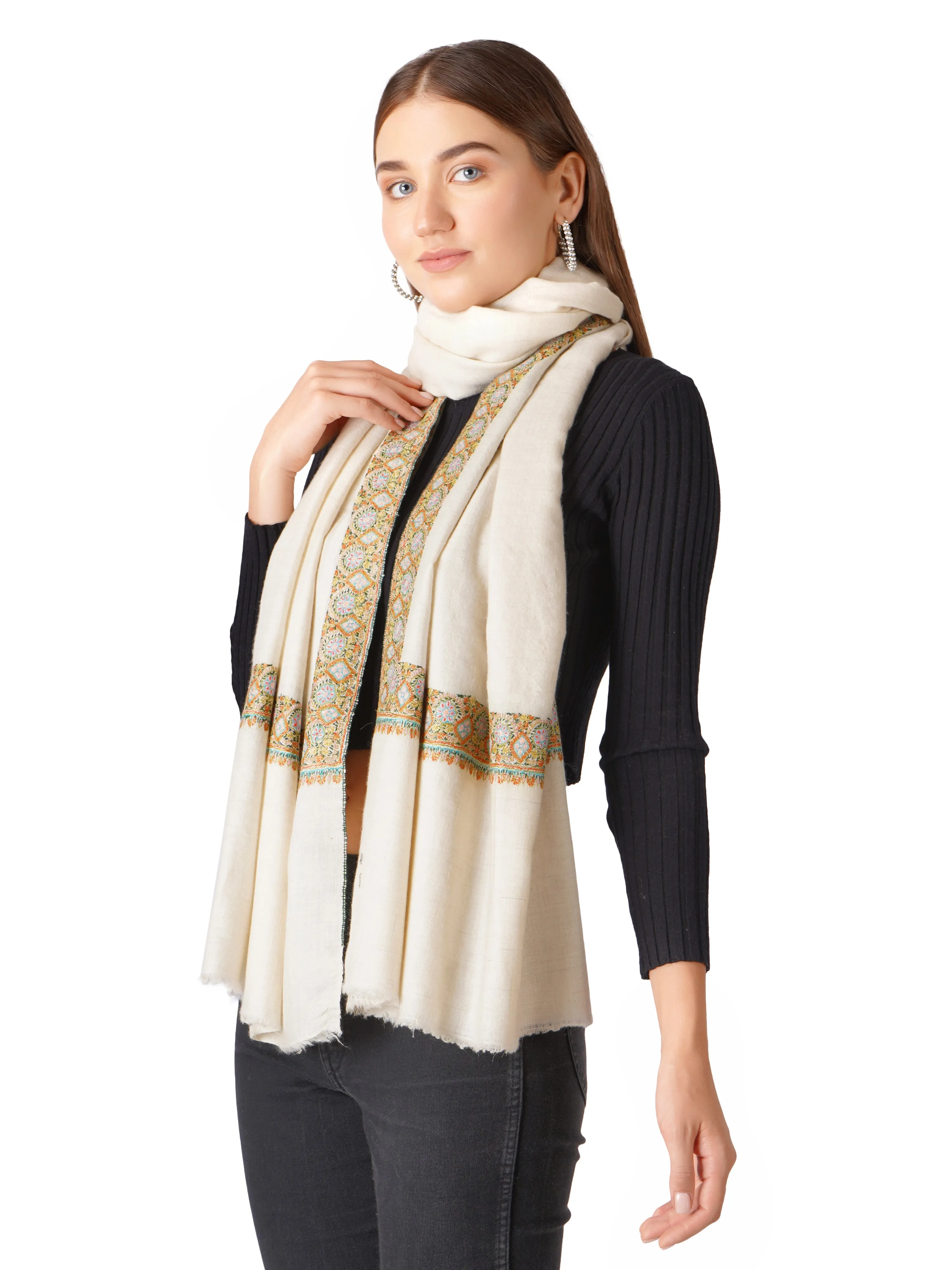 Pashmina Shawl Handwoven Kashmiri Sozni Embroidery - Off White