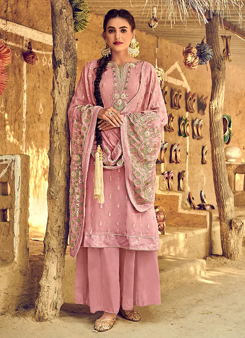 Pink Multi Embroidered Palazzo Suit