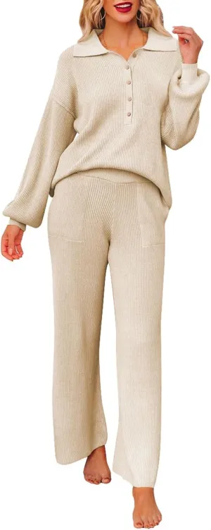 Pink Queen Women's 2 Piece Outfit Sweater Set Long Sleeve Button Knit Pullover Top Wide Leg Pants Pocket Sweatsuit