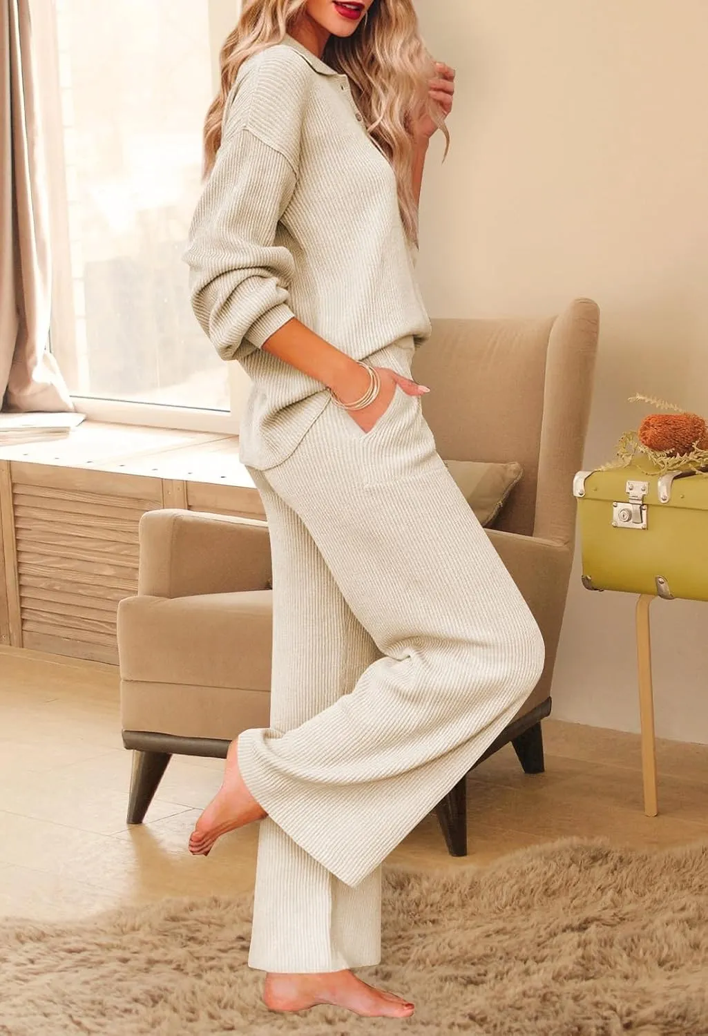 Pink Queen Women's 2 Piece Outfit Sweater Set Long Sleeve Button Knit Pullover Top Wide Leg Pants Pocket Sweatsuit