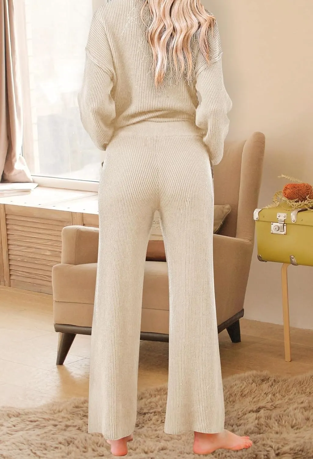 Pink Queen Women's 2 Piece Outfit Sweater Set Long Sleeve Button Knit Pullover Top Wide Leg Pants Pocket Sweatsuit