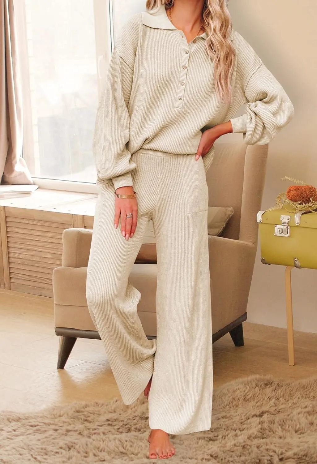 Pink Queen Women's 2 Piece Outfit Sweater Set Long Sleeve Button Knit Pullover Top Wide Leg Pants Pocket Sweatsuit