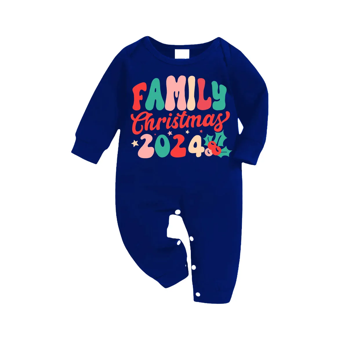 "Family Christmas 2024" Colorful Letter Pattern Blue Long Sleeves with Blue&White&Black Plaid Pants Family Matching Pajamas