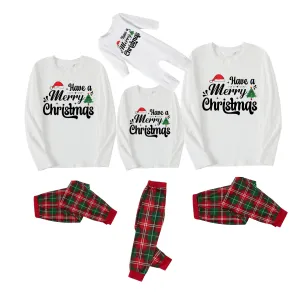 "Have a Merry Christmas" Letter Print White Long Sleeve Top with Red & Green Plaid Pants Family Matching Pajamas