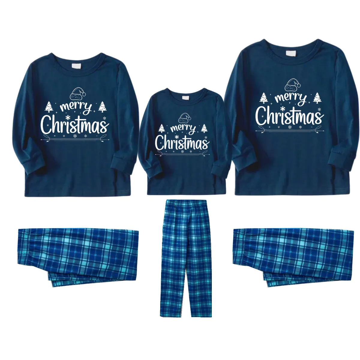 "Merry Christmas" White Letter 2024 Blue Long Sleeve Top With Blue Plaid Family Matching Pajamas