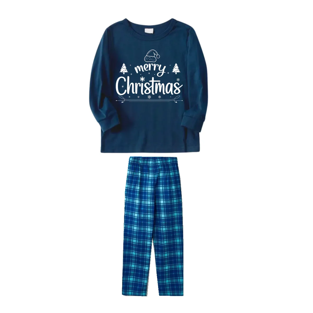 "Merry Christmas" White Letter 2024 Blue Long Sleeve Top With Blue Plaid Family Matching Pajamas