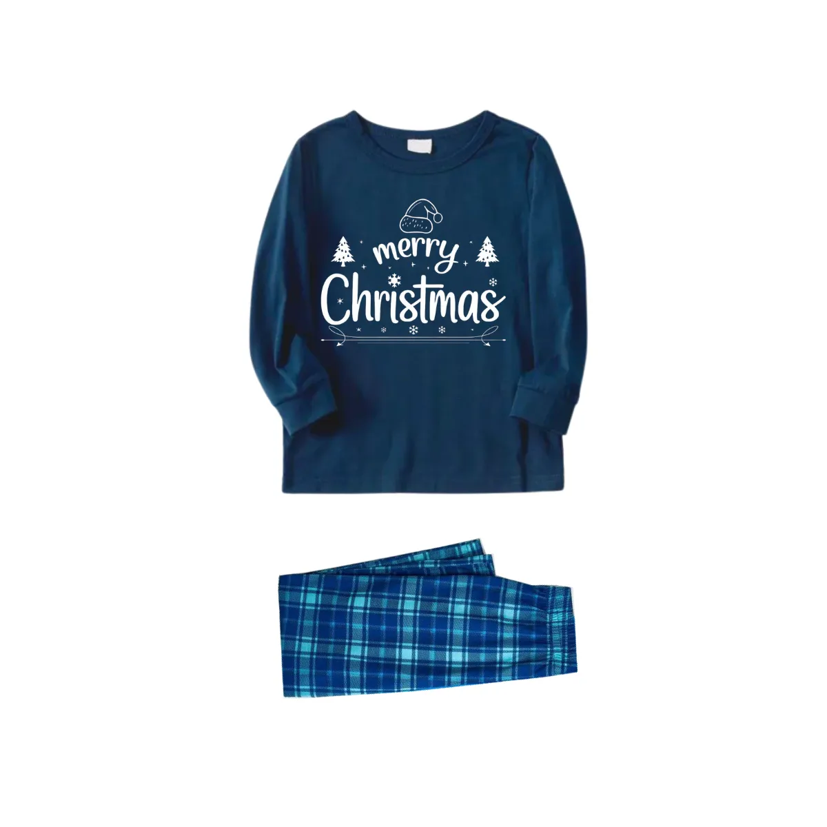 "Merry Christmas" White Letter 2024 Blue Long Sleeve Top With Blue Plaid Family Matching Pajamas