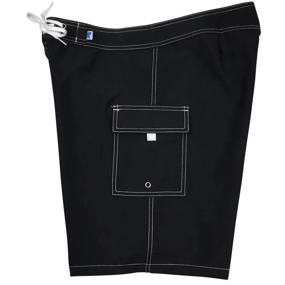 ""A Solid Color" BEST SELLING Women's Board Shorts - Regular Rise / 10.5" Inseam (Black White Stitching)
