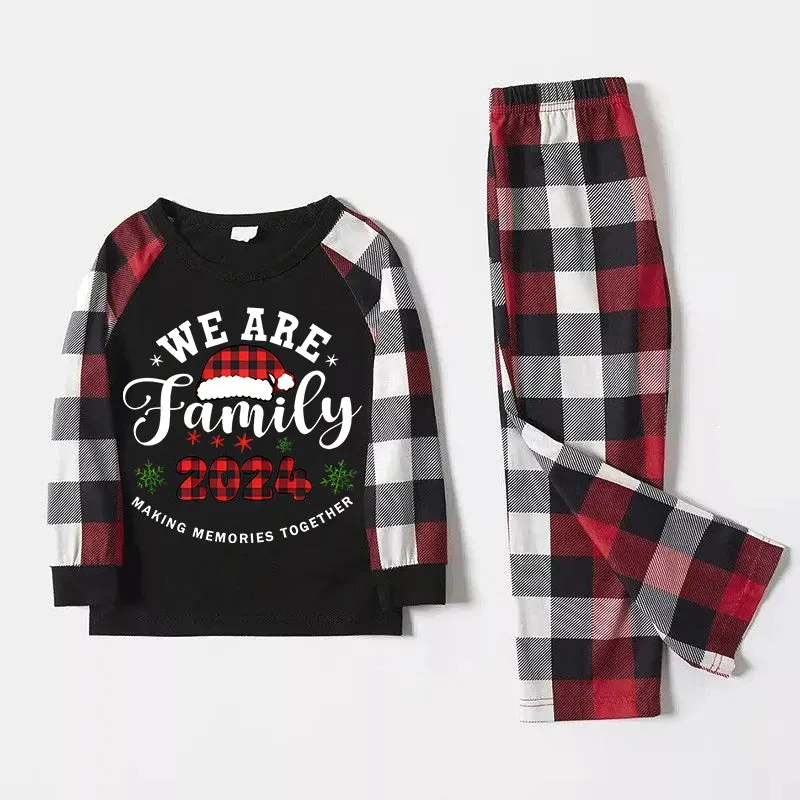 "We are Family" Santa Hat Monogram Print Letter Red & Black & Grey & White Plaid Family Matching Pajamas