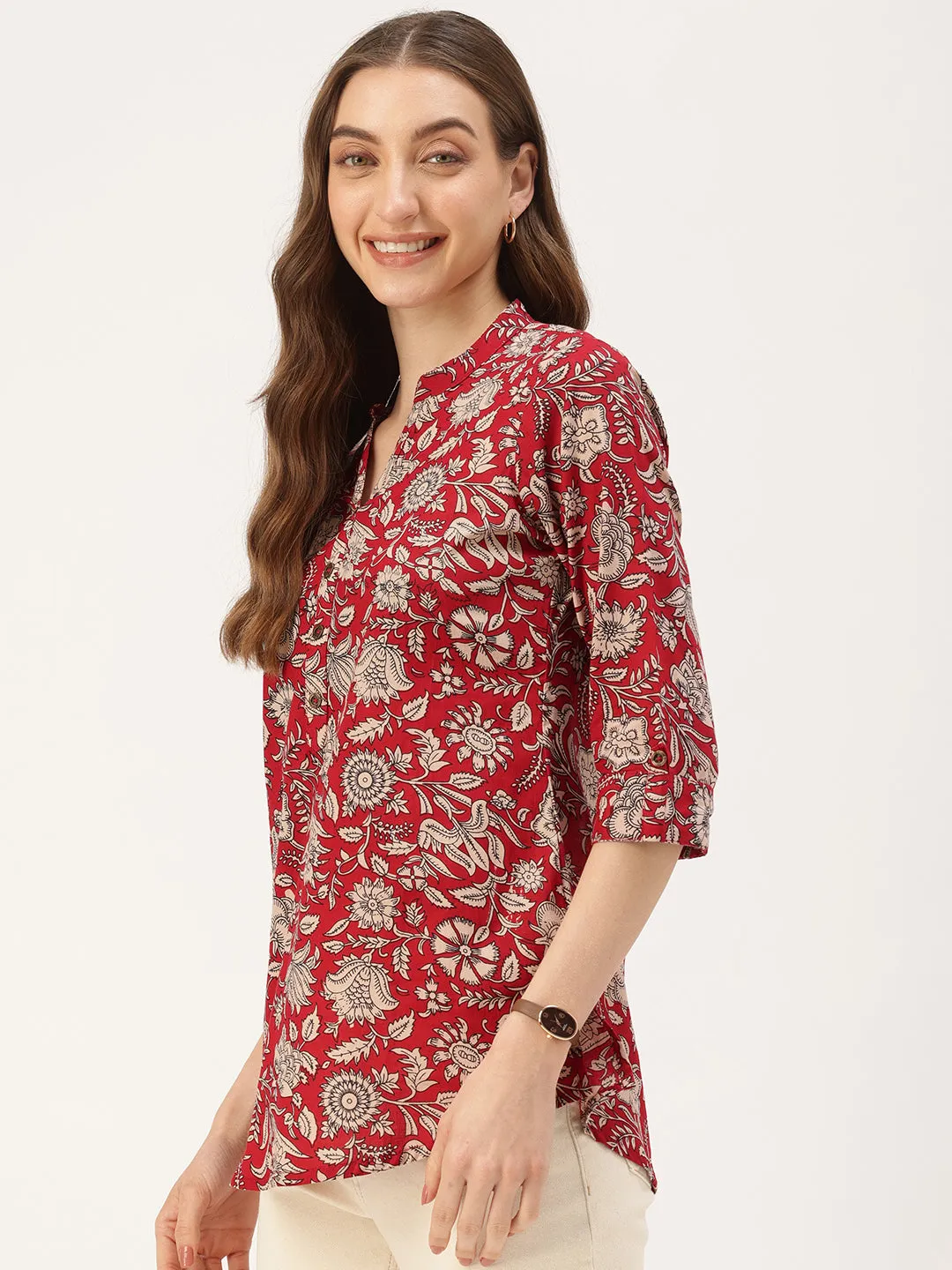 Red Floral Printed Cotton Tunic