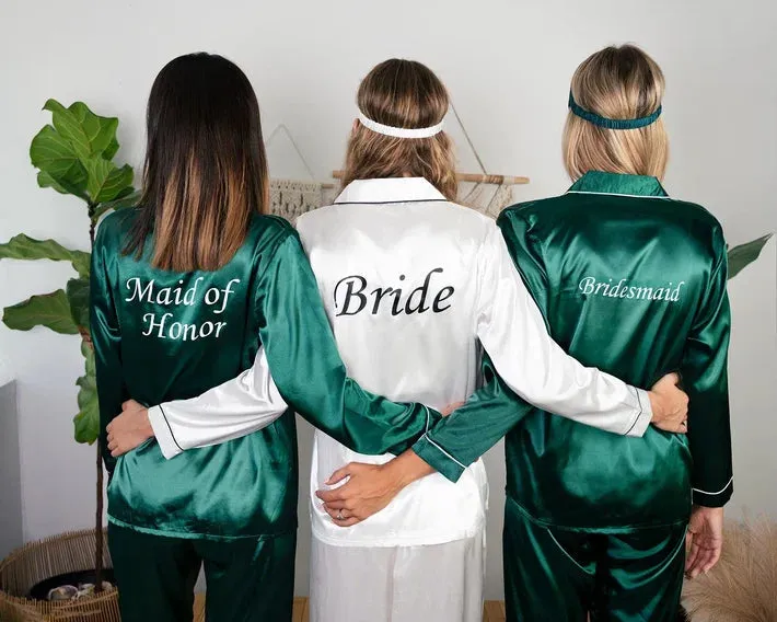 Set of 9 Bridesmaids Pajamas, Custom Wedding Satin Pajamas  - Long   Long