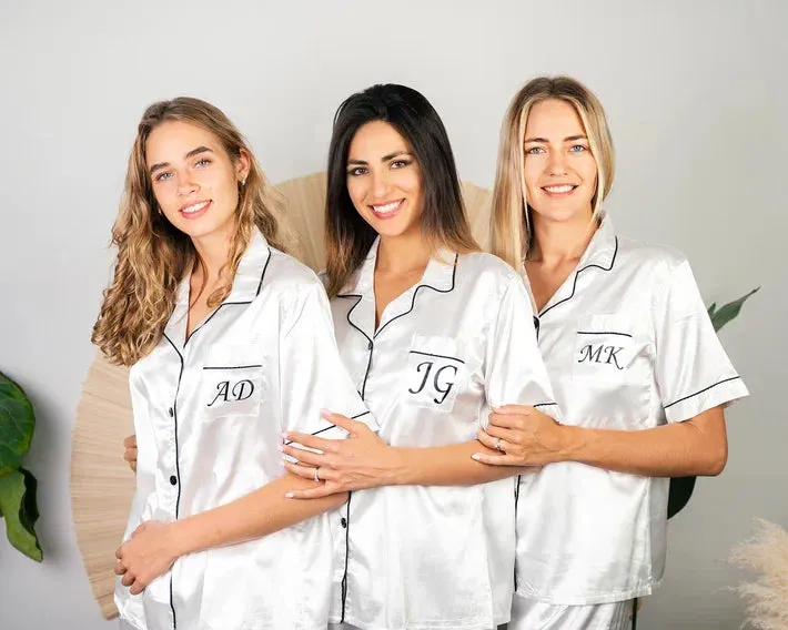 Set of 9 Custom Satin Bridesmaids Pajamas for Sleepover Bachelorette Party - Short   short