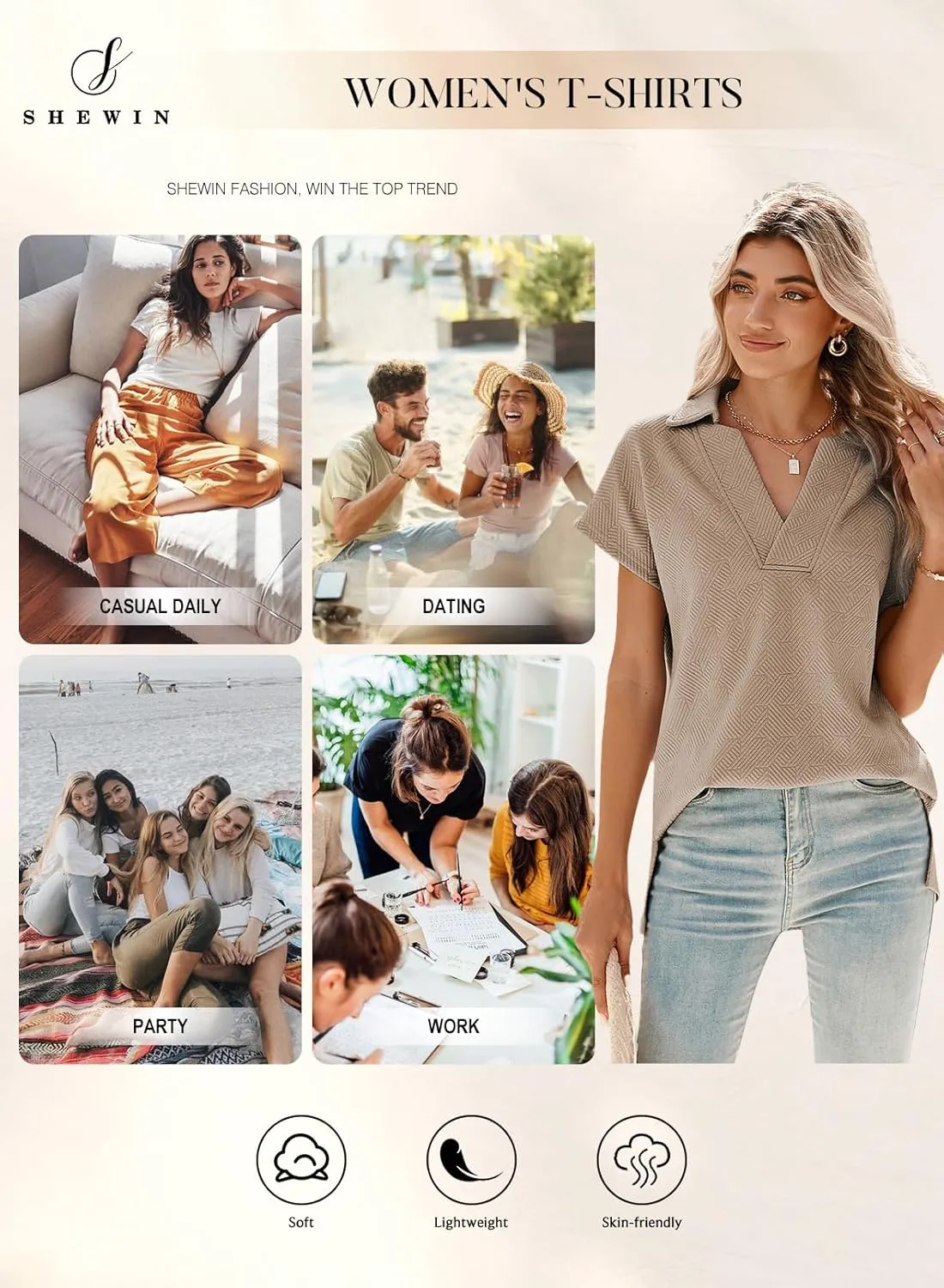 SHEWIN Women's Polo Shirts Casual Collared V Neck Short Sleeve T Shirt Tunic Tops Loose Fit