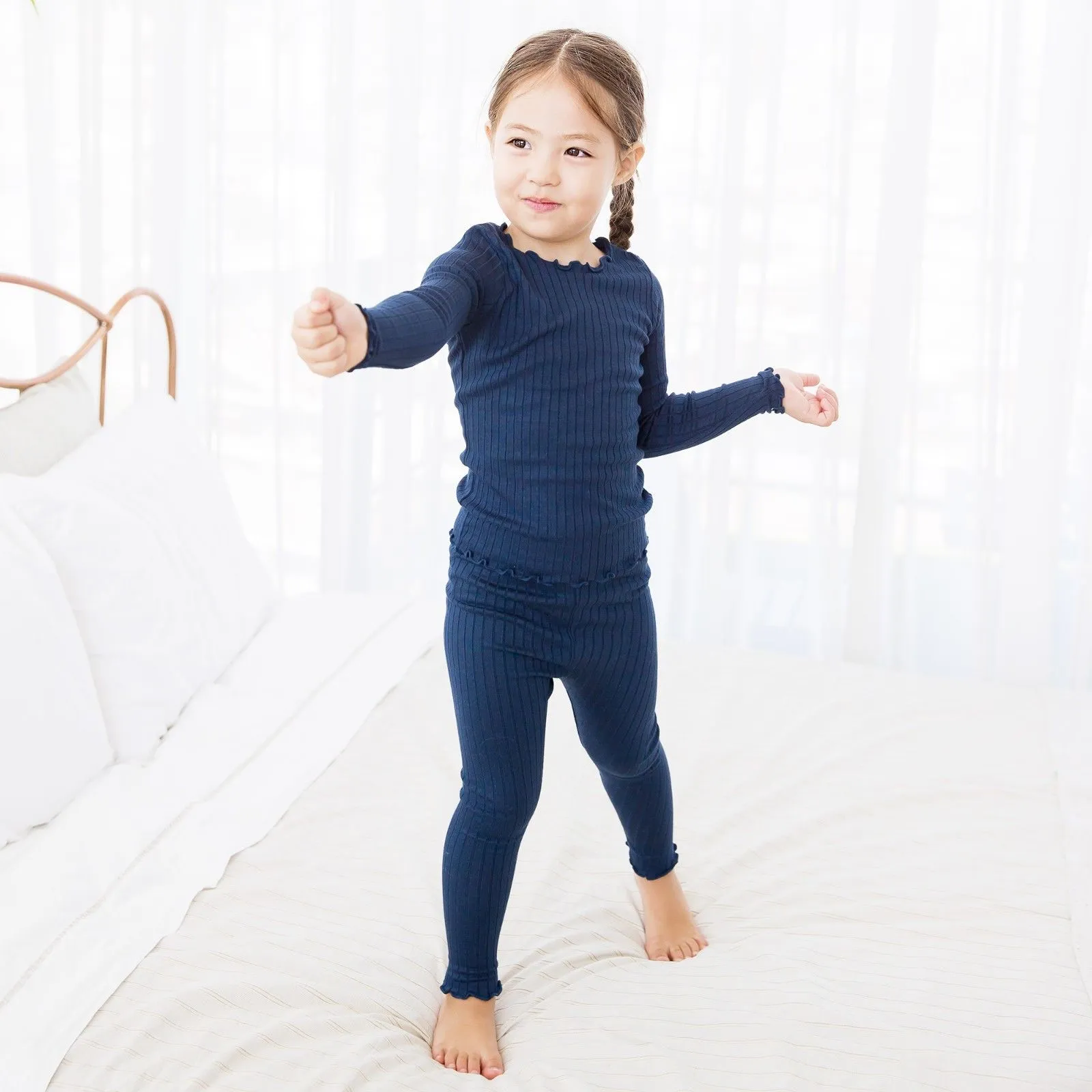 Shirring Navy Long Sleeve Pajama
