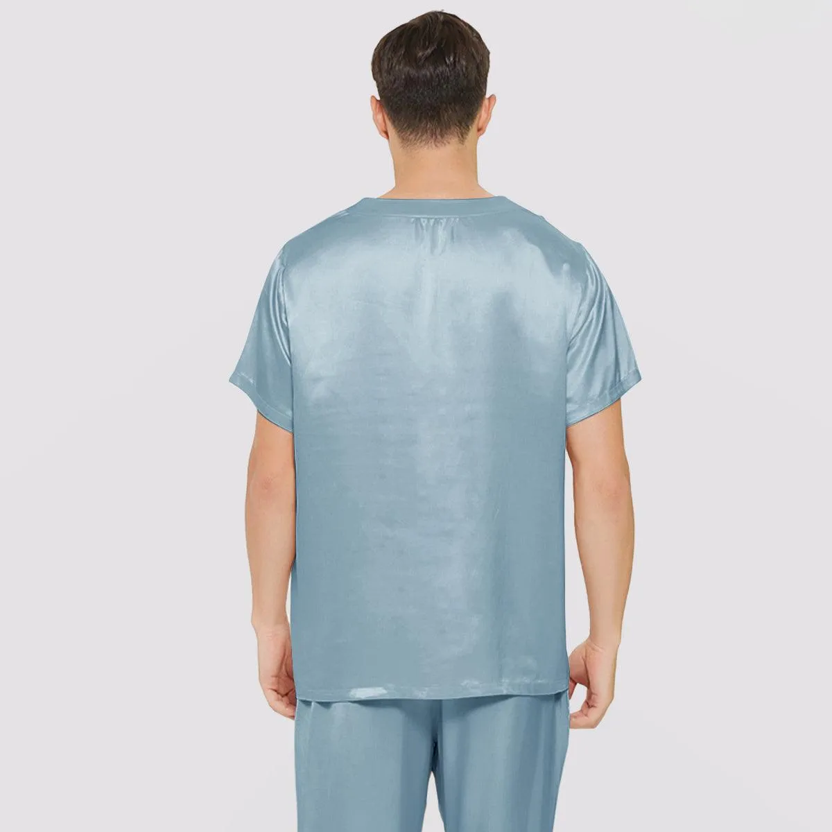 Short Sleeves Mens Silk Pajamas Set  22MM Mulberry Silk 2-piece V Neck Silk Sleepwear