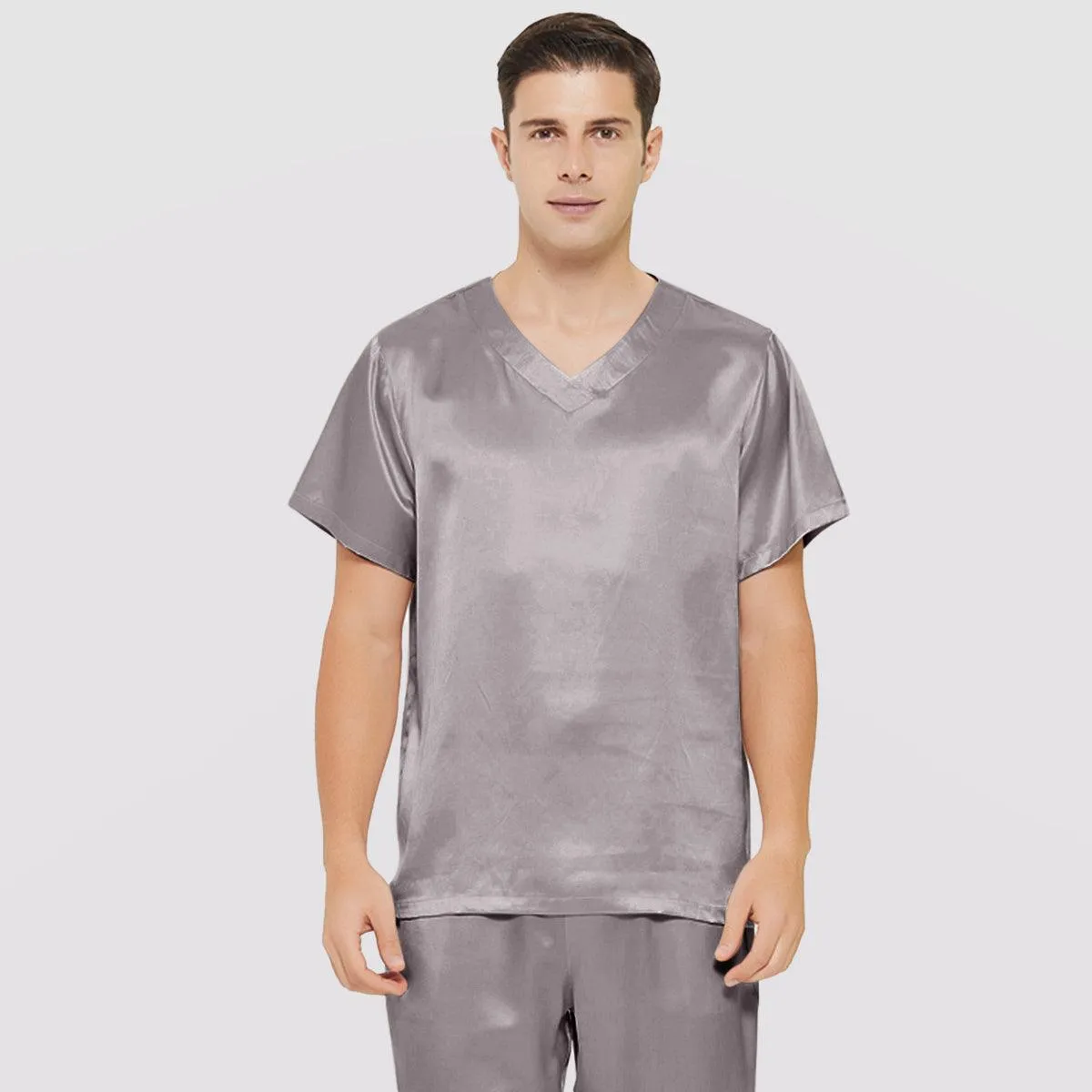 Short Sleeves Mens Silk Pajamas Set  22MM Mulberry Silk 2-piece V Neck Silk Sleepwear