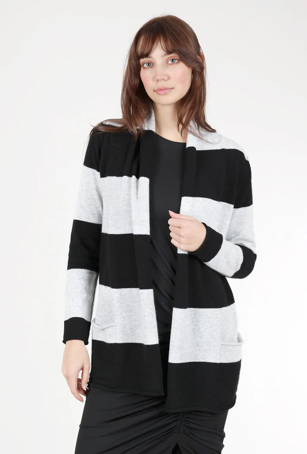 Striped Cashmere Open Cardie, Black/Gray