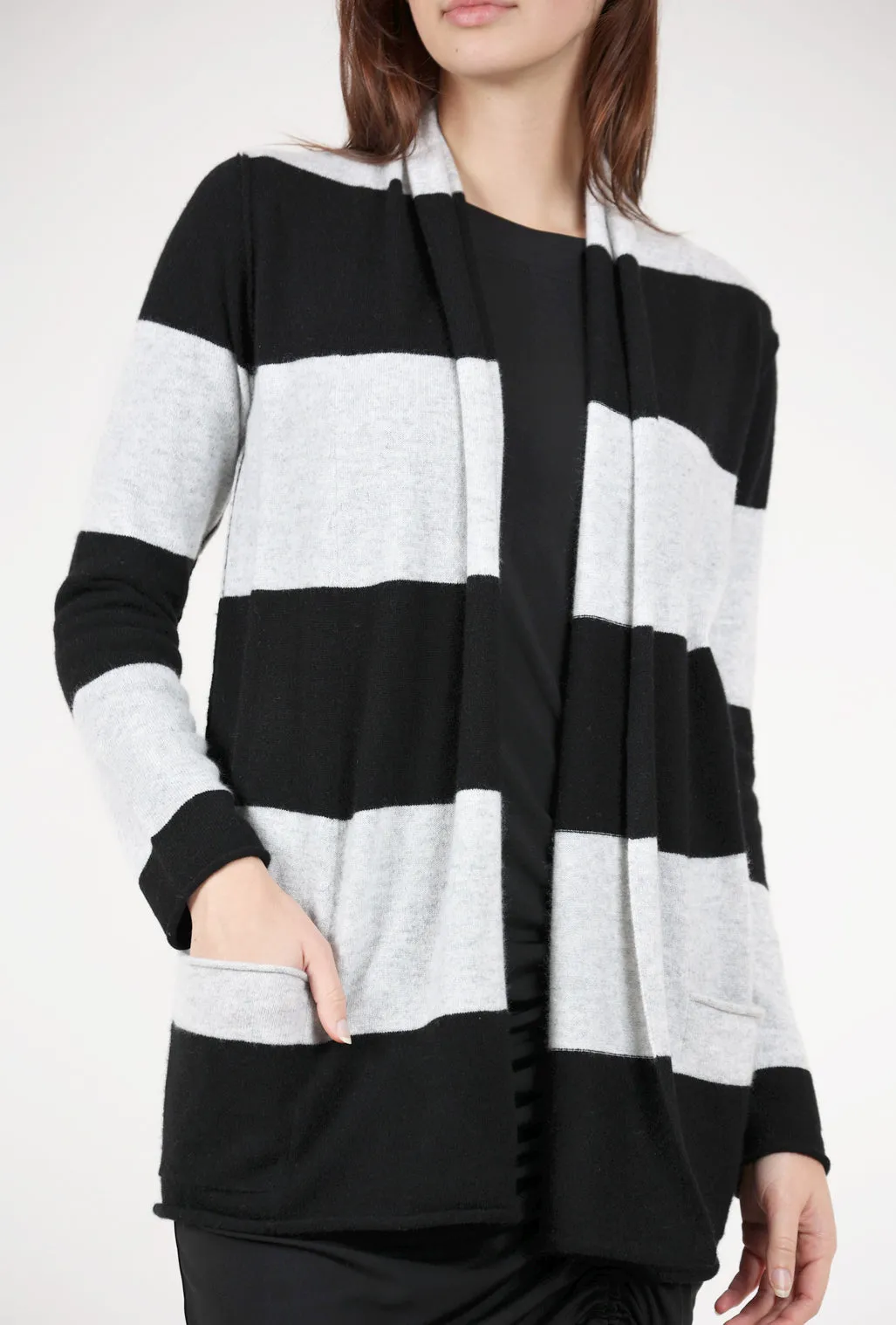 Striped Cashmere Open Cardie, Black/Gray