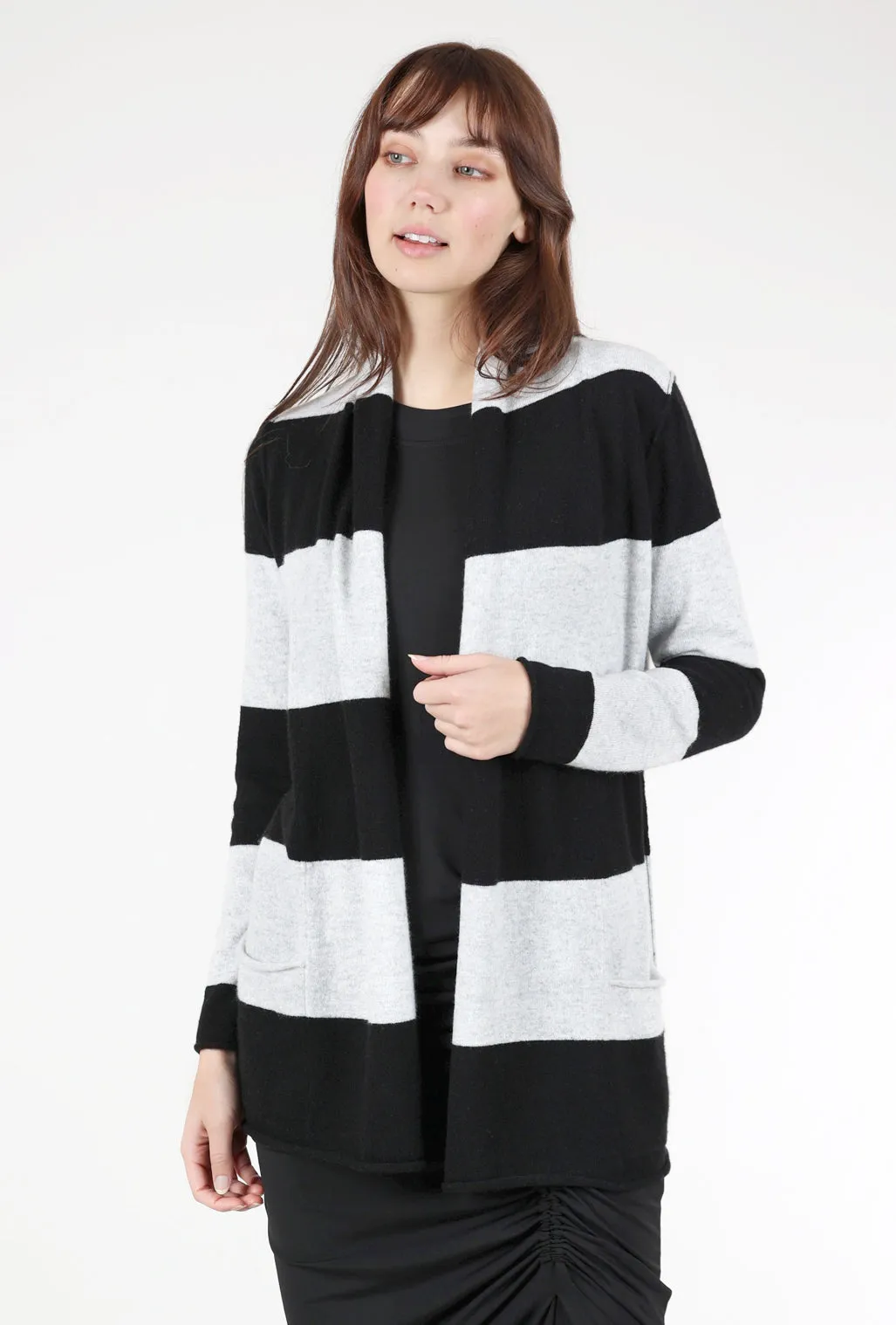 Striped Cashmere Open Cardie, Black/Gray