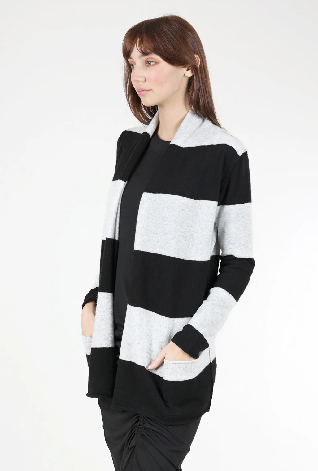 Striped Cashmere Open Cardie, Black/Gray